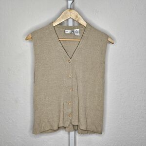 Vintage 90s Chaus 100% Silk Knit‎ Button Front Sweater Vest Beige Size Medium